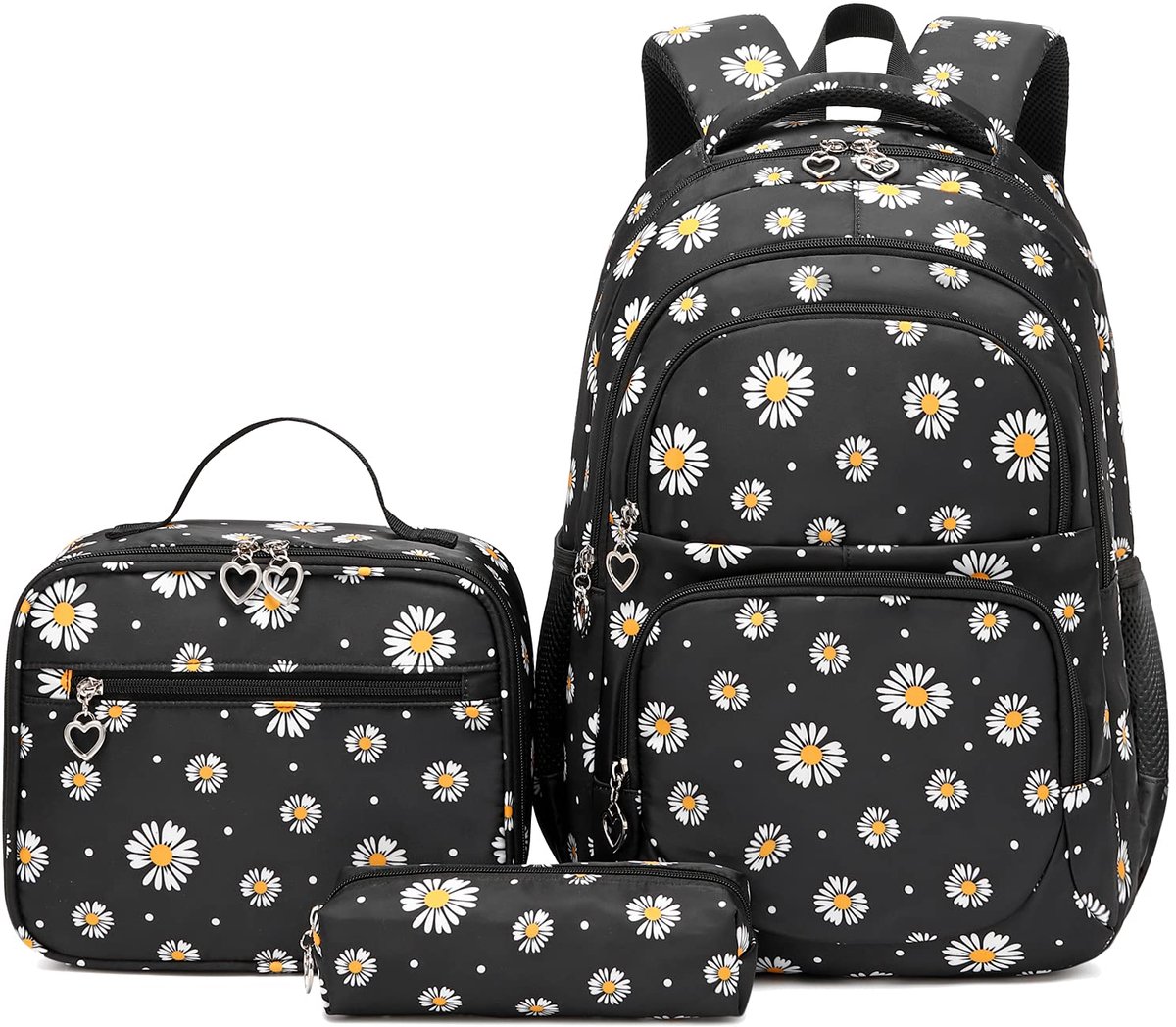 Casalora® Schoolrugzak Meisjes – 3-delige Rugzak Set met Lunchtas en Etui – Zwart Madeliefjesprint – Waterafstotend en Lichtgewicht – Schooltas voor Tieners en Meisjes