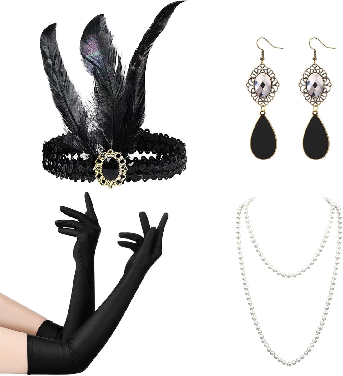 Elegante 1920s Kostuumset voor Vrouwen met Flapper Hoofdband, Sieraden en Handschoenen voor Carnaval, Halloween en Feestjes