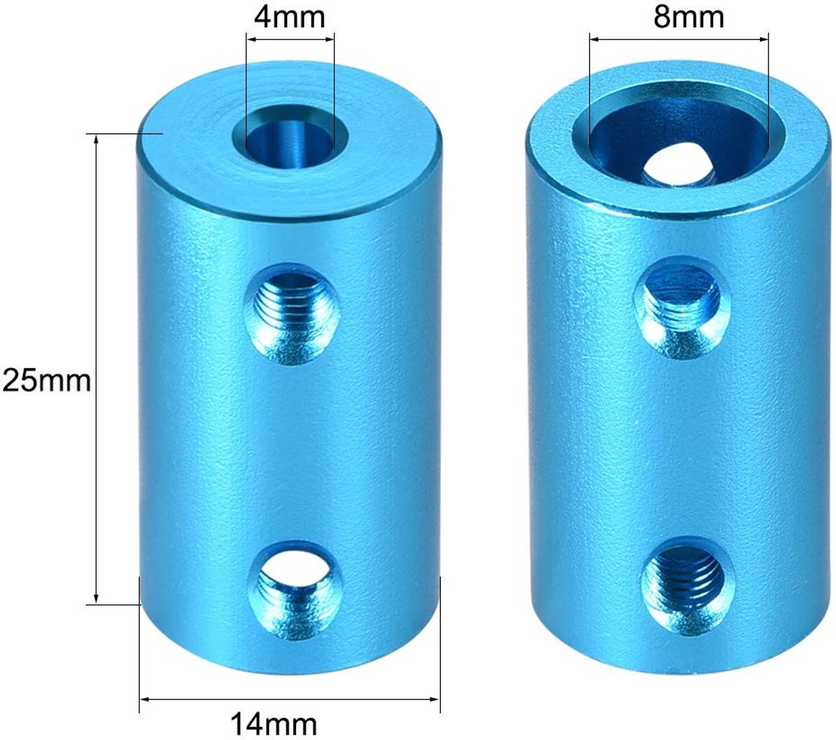 Shaft koppeling voor motorwielen, 4mm naar 4mm boring, L25xD14, 2 stuks, blauw, geschikt voor diverse toepassingen