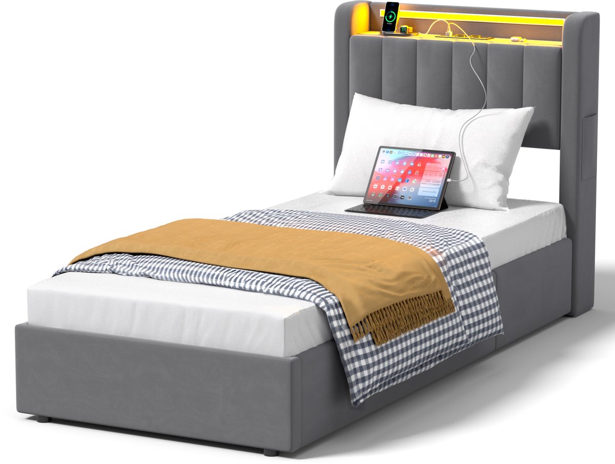 DESMIU Gestoffeerd Bed 90x190cm – Opbergbed Met Hydraulisch Mechanisme, Ledverlichting En Usb Oplaadstation – Slaapkamer – Velours – Grijs – Zonder Matras