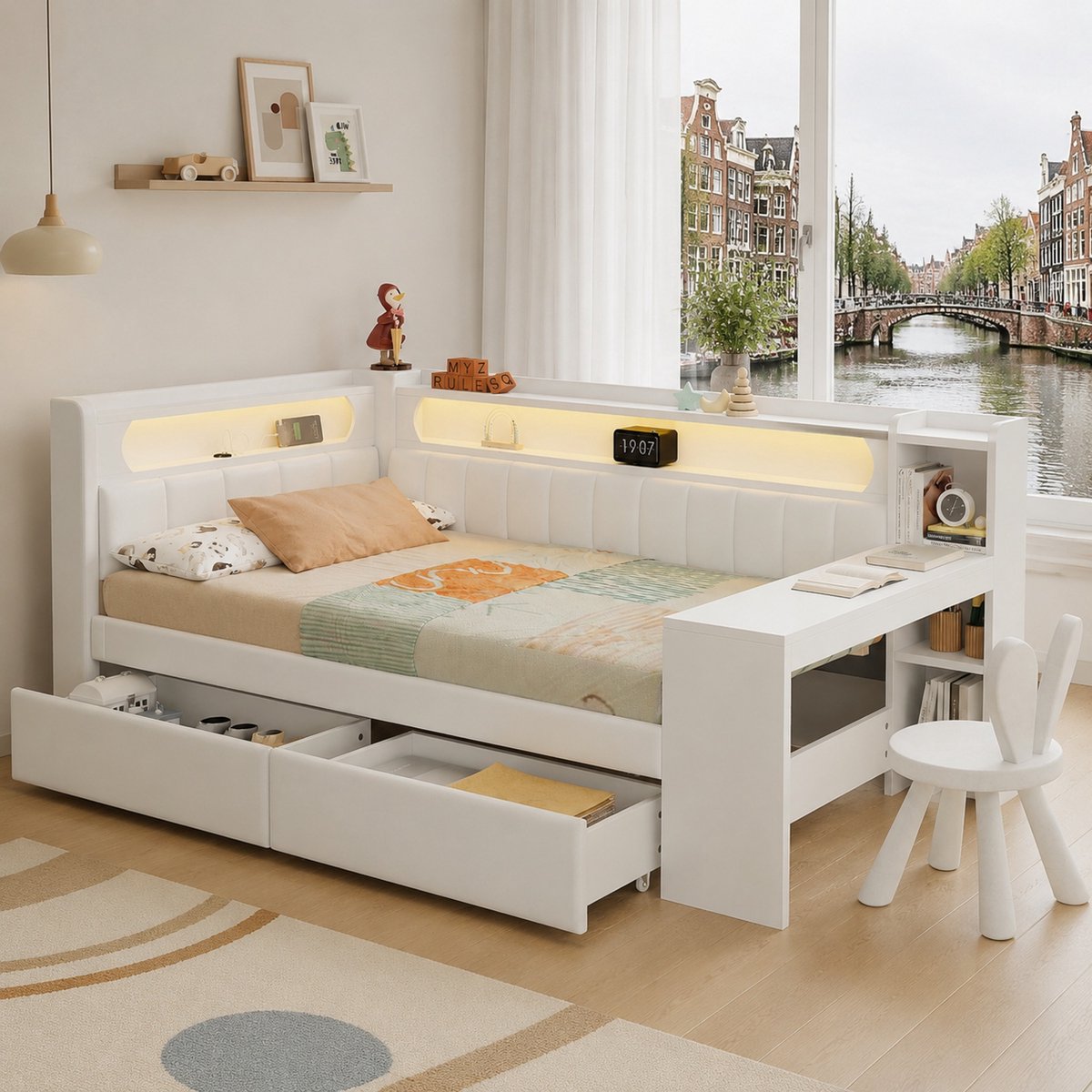 WUVRIE Gepolstertes 90x200 Daybed met USB-aansluitingen en LED-Gordel, met bureaublad en 2 lades - Wit