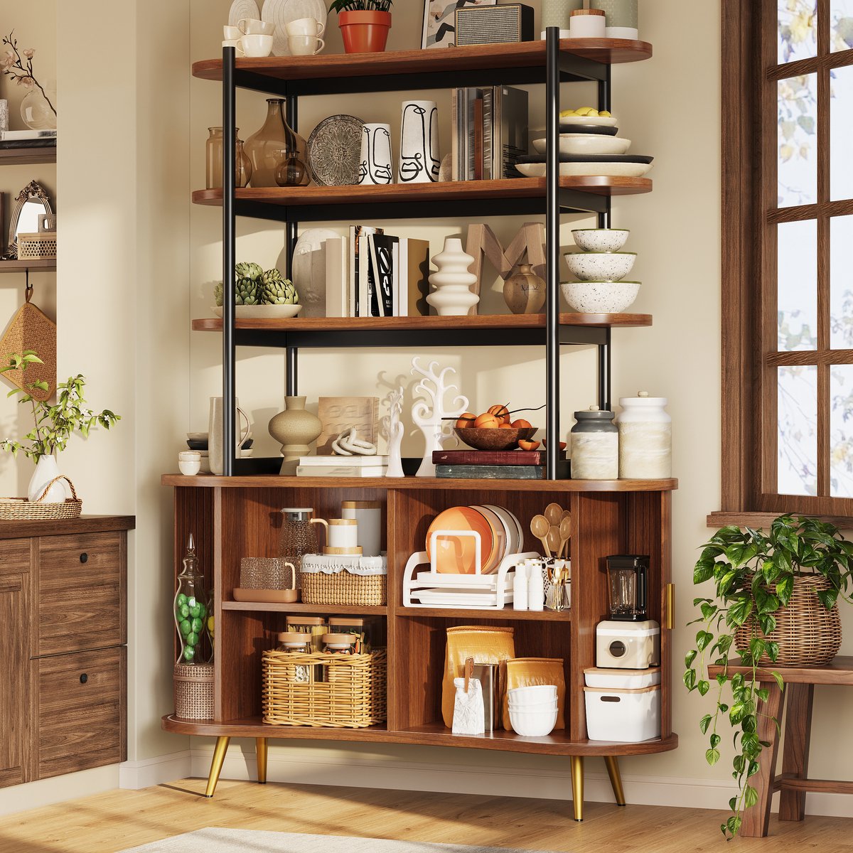 Sideboard Met Roldeur En Open Bovenrek - Verstelbare Planken En Stauraum - Voor Woonkamer En Eetkamer - Houtlook En Metaal - 120x40x183 Cm