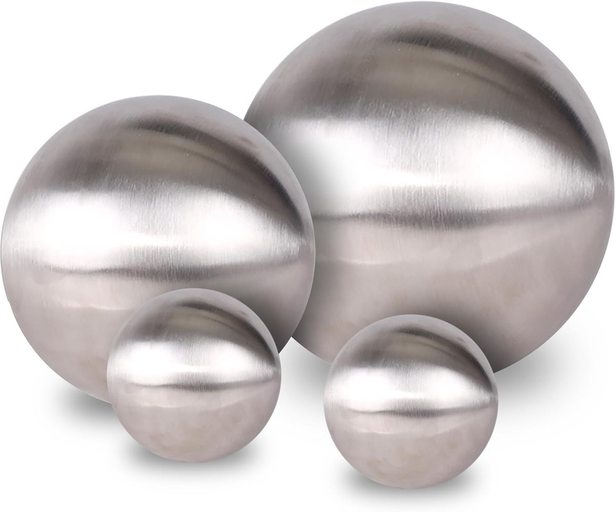 Roestvrijstalen tuinbol, set van 4, mat geborsteld, 10/15/20 cm, decoratieve metalen holle bol, zilverkleurig, decoratieve bol, metalen decoratie, tuindecoratie, rond