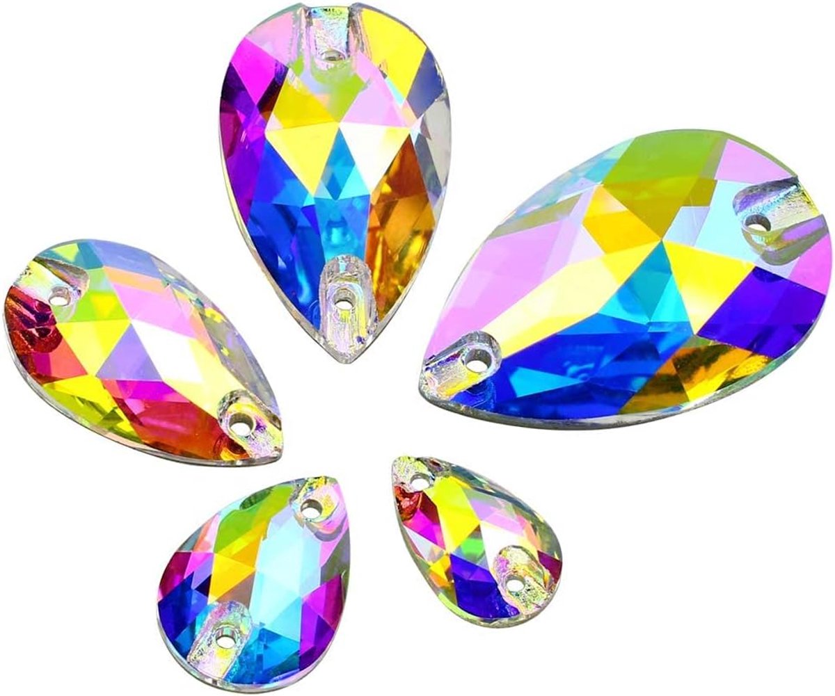 Kristall AB Strass-steentjes om op te naaien, 60 stuks, druppelvorm, platte achterkant, strass-steentjes met 2 gaten voor kleding, handwerk, naaien, parels, schoenen, DIY-decoraties