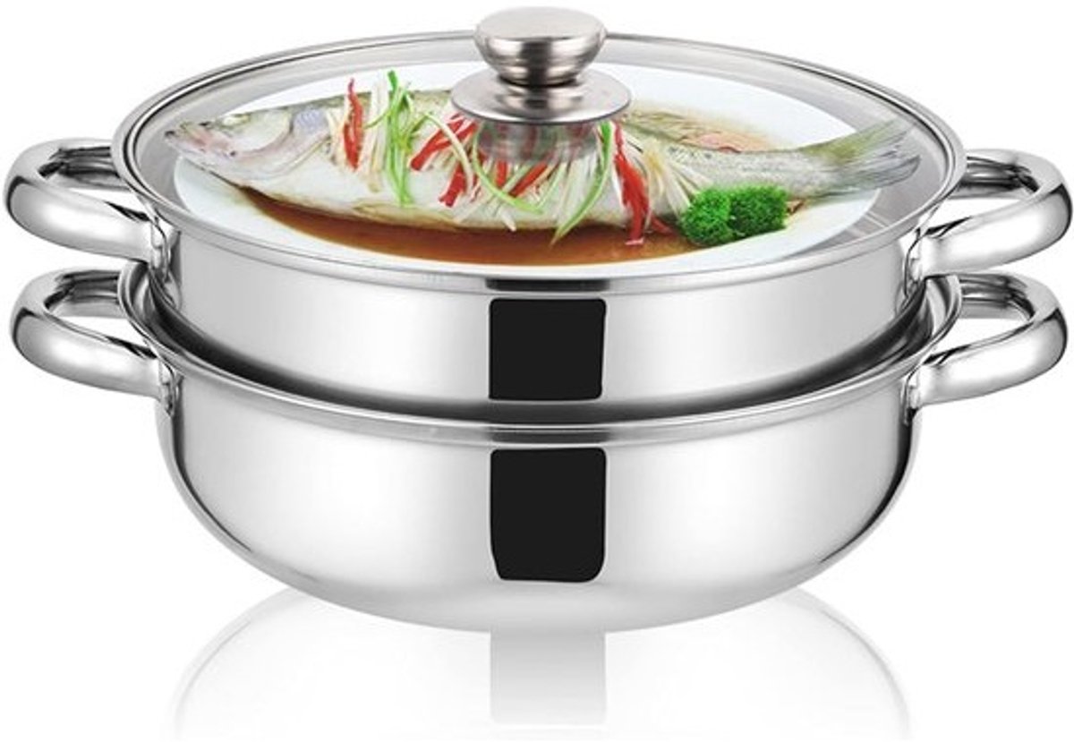 Stoompan Roestvrij Staal - Stoomboot Kookgerei - Gezond Koken - Dubbele Laag Stomen - 27cm Diameter - Zilver