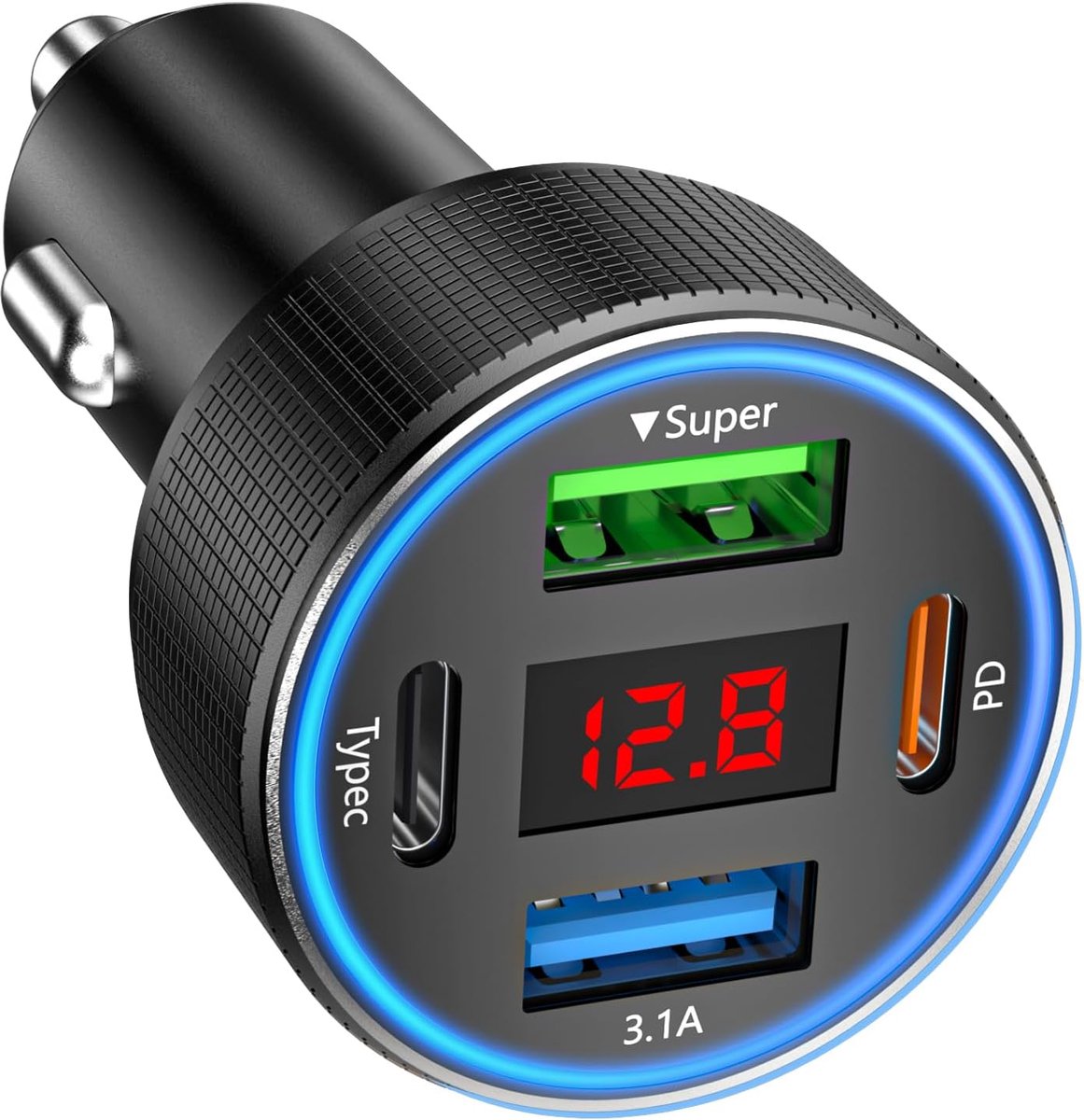 Autolader USB C, 78W 4-poorts snelladende auto-telefoonoplader adapter, dubbele USB-C en USB-A sigarettenaansteker adapter met spanningsdisplay voor iPhone 17 16 15 iPad Samsung Android