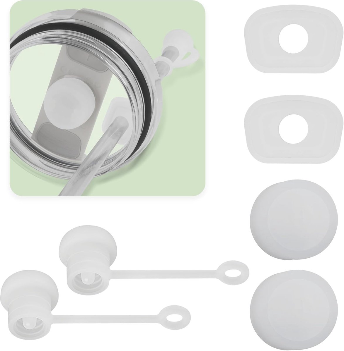 3-delige set siliconen morsveilige stoppers, geschikt voor Stanley Tumbler 2.0 versie 30oz|40oz, met 2 rietjesdeksels, 2 ronde lekstops en 2 vierkante morsstops (helder)