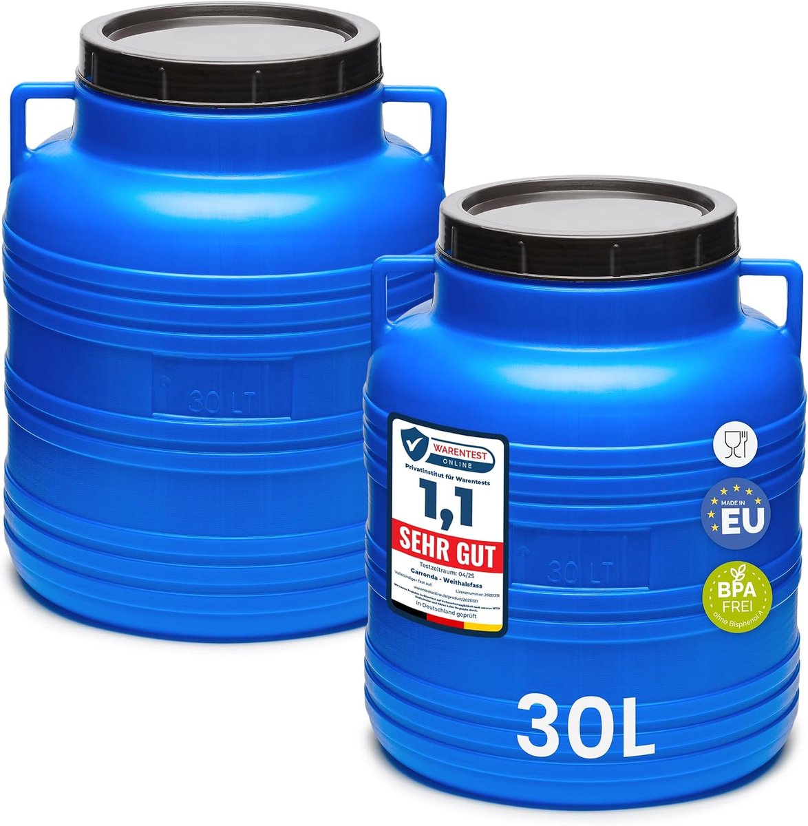 Set van 2 x 30 liter brede hals, BPA-vrij, voederton, vat, universeel vat, voedselvat, regenvat voor tuin, regenton met deksel, regenwaterton voor tuin, waterton GD-0121, blauw
