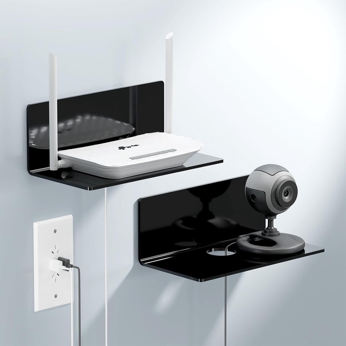 Set van 2 wandplanken, zelfklevend, zonder boren, 23 cm breed, acryl, wandplank voor badkamer, woonkamer, slaapkamer, keuken, kantoor, ijzer