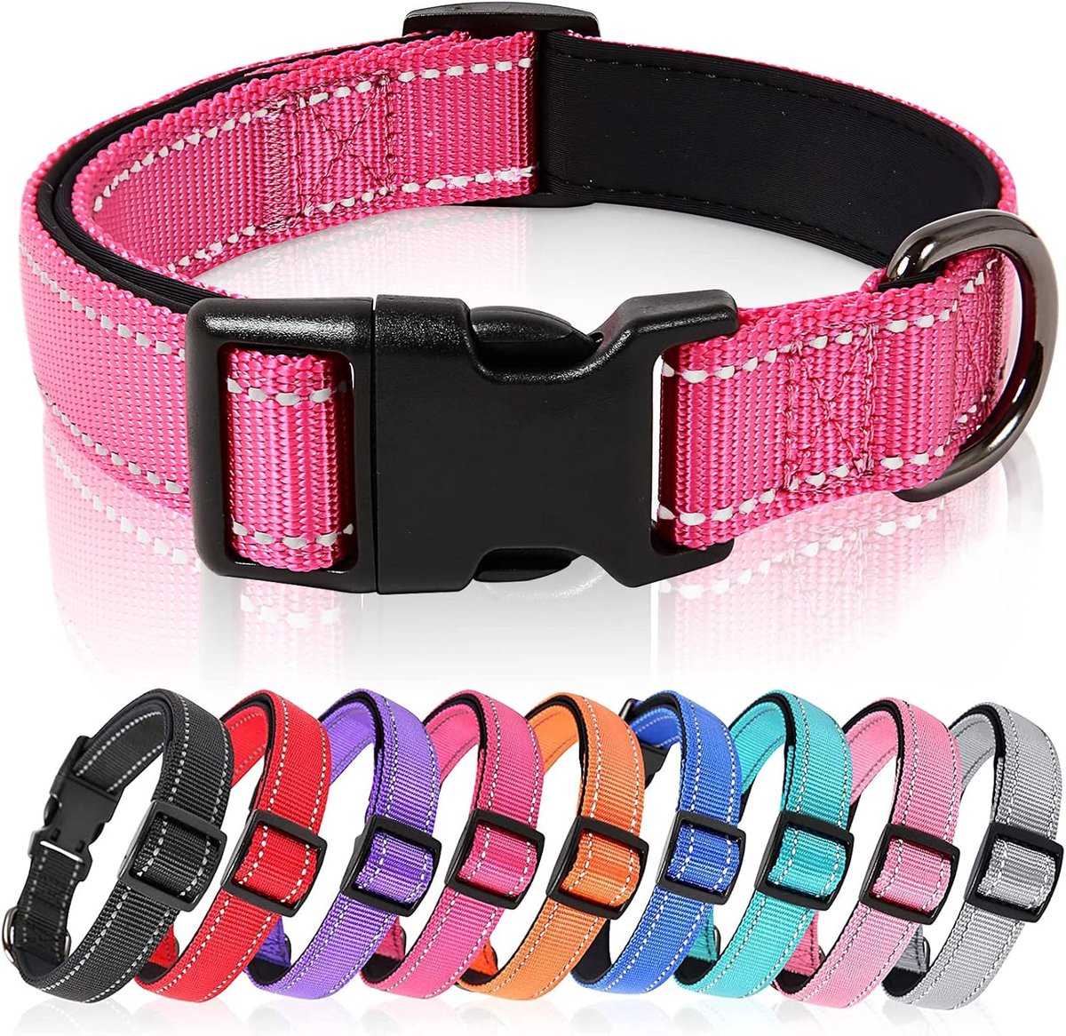 Hondenhalsband, Reflecterende Halsband, Gevoerde, Ademende, Zachte Neopreen Nylon Halsband, Verstelbaar voor Kleine Middelgrote Grote Honden, Roze Rood, S