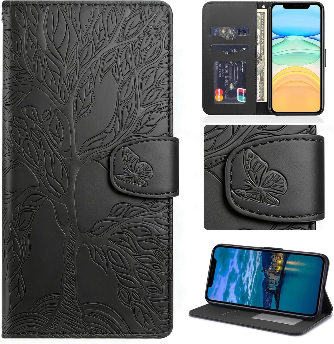 Flip Hoesje voor iPhone 12 Mini, Boom Vlinder PU-lederen Klapbare Hoes Telefoonhoesje Portemonnee Hoesje Flip Case Wallet Cover met Kaarthouder Standaard Magneetsluiting, Zwart