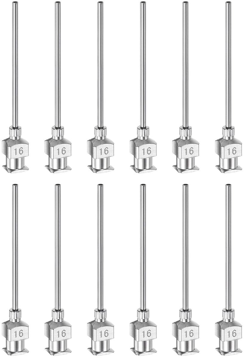 12 stuks 16 gauge roestvrijstalen doseerkanalen, 1 1/2 inch metalen lijm naaldbuis met stompe punt en luer-lock voor dikke materialen, inkt, lijm, laboratoriumgebruik