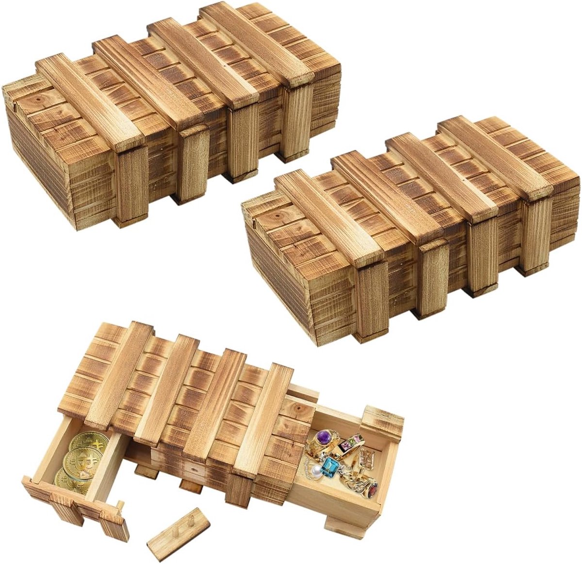 Set van 2 kleine houten puzzeldozen met compartimenten, denkoefeningen voor volwassenen, mini ladeblikjes voor geld, sieraden, verjaardagscadeaus, IQ-speelgoed voor kinderen - 15 cm