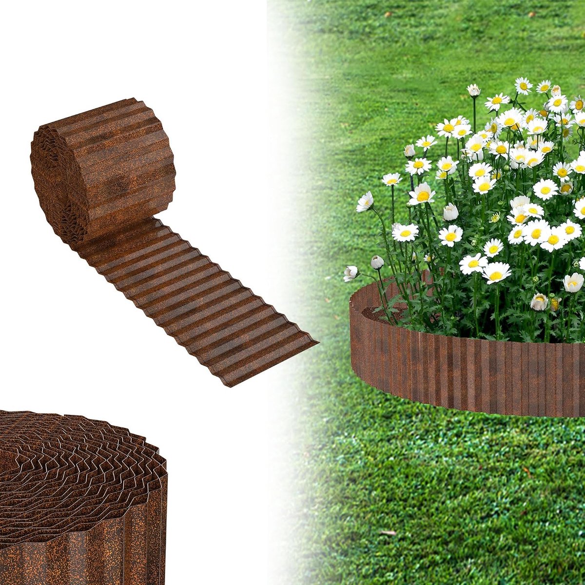 Cortenstalen gazonrand, verzinkte bloembedbegrenzing van metaal, eenvoudig te monteren, 15 cm hoog, flexibele gazonranden, wortelblokkering, bloembed of als maairand, lengte aanpasbaar (5 m