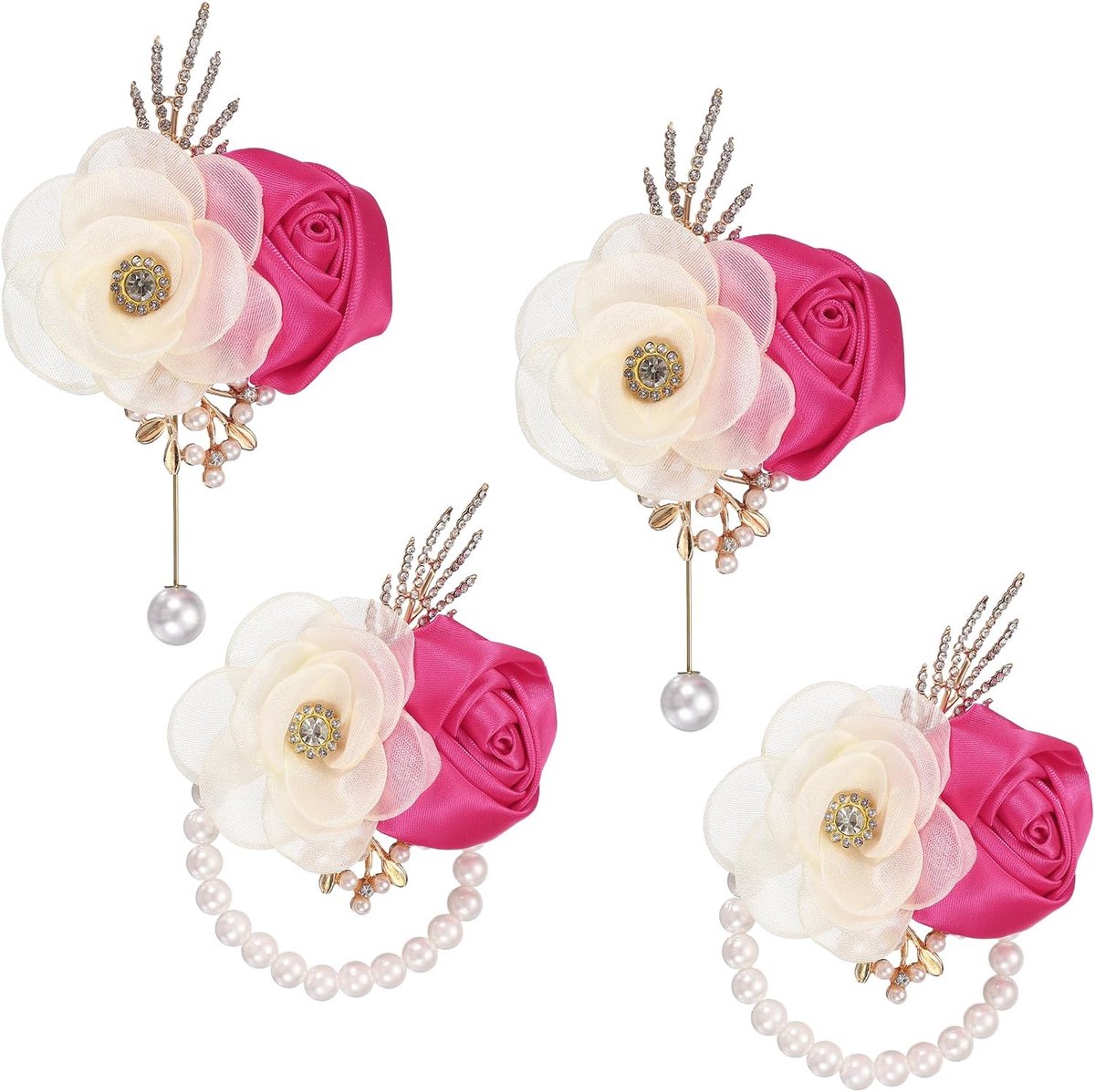 Polskorsage en boutonnieres-set, 2 set corsage polsbandje en heren boutonnières, kunstmatige zijden roos voor bruiloft, bruidegom, bruidspak, accessoires, formele evenementen, rozenrood