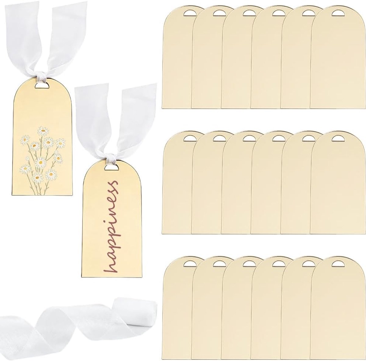 20 stuks gouden spiegelplatkaarten, acryl tafelnaamlabels, 8,9 x 4,5 cm, bruiloftsset, gereserveerde borden, doe-het-zelf, lege hangkaart met lint voor verjaardagsfeestje, feestdecoratie