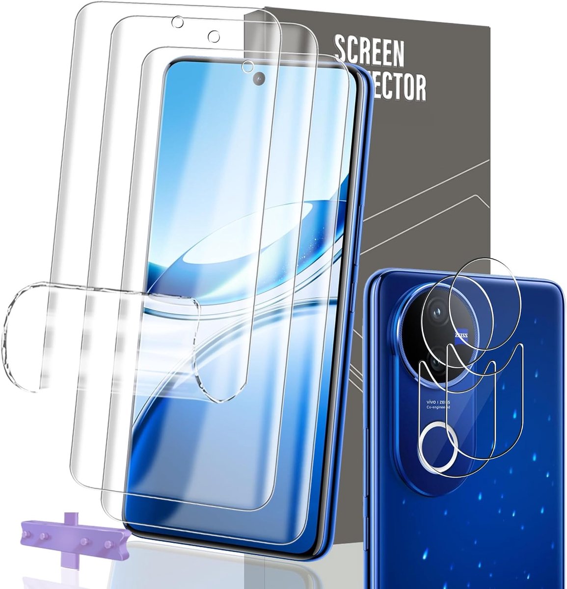 Displaybeschermfolie voor VIVO V50 – 3 stuks flexibele folie + 2 stuk camerabeschermer van gehard glas, krasbestendig, HD helder