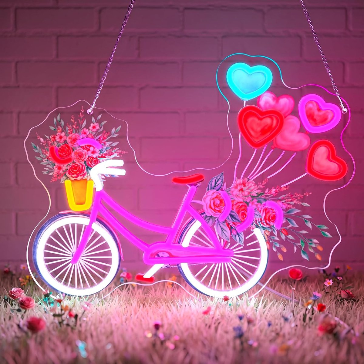 Neonbord met bloemen, fiets, wanddecoratie, stadsfiets met ballonnen, lichtreclame, led-lichtbord, hangbord voor business, thuis, bar, slaapkamer, party, winkel, kamerdecoratie (bloemen