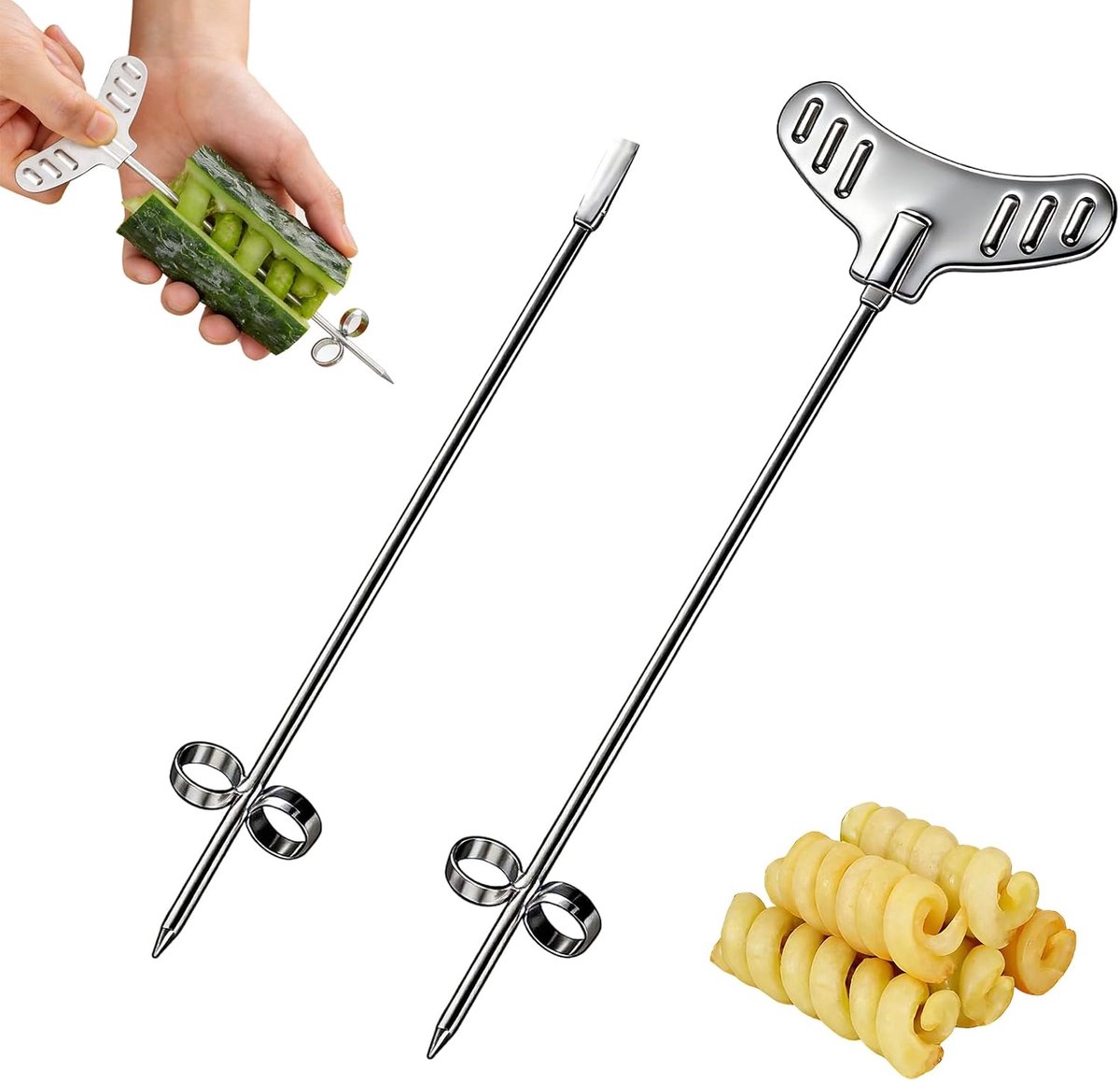 2 stks/set aardappelsnijder spiraal, roestvrijstalen groentestaaf voor spiraal PE handmatige aardappel wortel komkommer sculptuur roller ing dunschiller tortillo