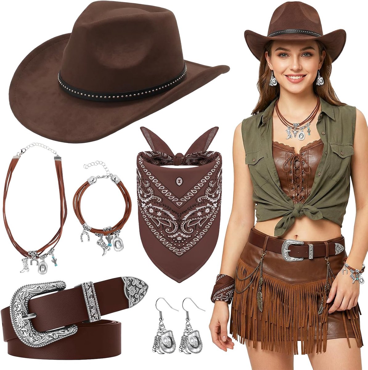 6 stuks cowboyhoedset voor dames, western cowgirl outfit dames met hoed armband halsketting oorbellen zakdoek riem cowboy kostuum accessoires set voor volwassenen party Halloween carnaval themafeesten
