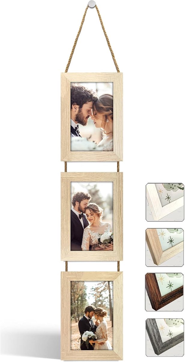 Fotolijstcollage voor meerdere foto's, decoratieve fotolijstset om aan de muur te hangen, meervoudige fotolijst, staand formaat met koord voor 10 x 15 foto's (eiken natuur, 3 verticale foto's)
