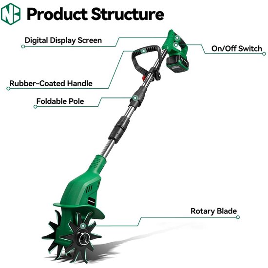 Nyoz draadloze elektrische cultivator - Tuinfrees - Grondfrees - 21 V - 1600 W - 800 tpm - 10 cm werkbreedte - 15 cm werkdiepte — afbeelding 3