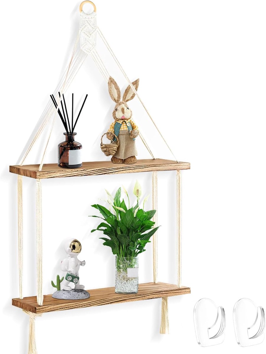 Wandbehang, boho-decoratie met touw, 2 dieren, handgemaakte hoek, houten zwevend rek met 2 haken, chique wandopbergrek voor woonkamer, badkamer, slaapkamer, planten, standaard display