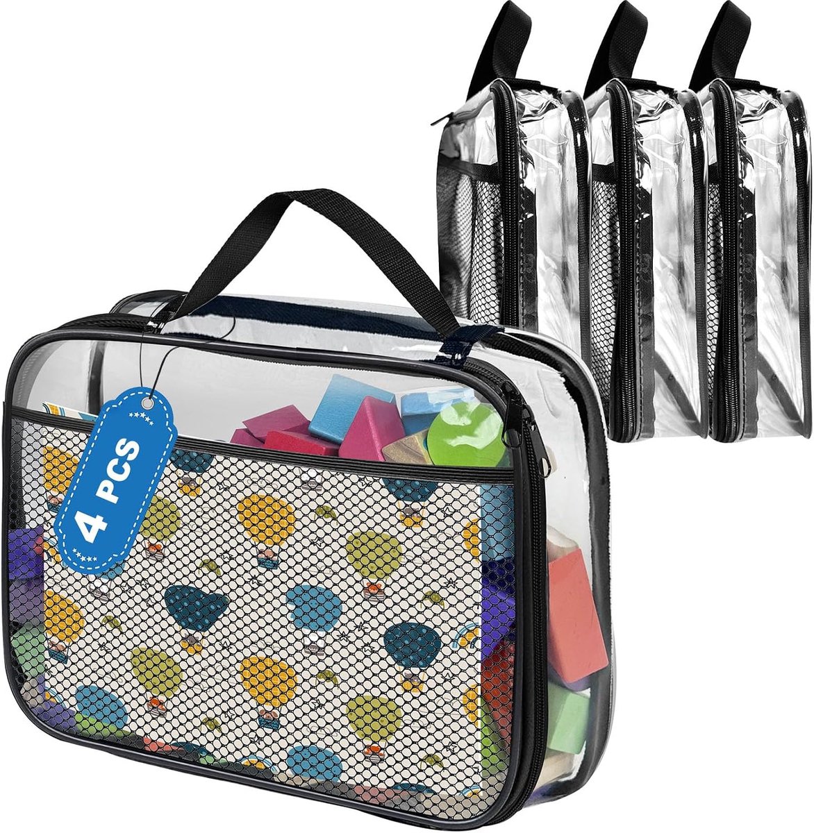 Opbergzakken voor speelgoed, van pvc, toilettas met ritssluiting, knuffeldier-bewaarplaats, badspeelgoed, puzzel, bouwstenen (zwart, 34 x 6,6 x 27 cm), 4 stuks