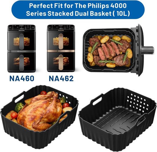 Accessoires voor de Philips Airfryer 4000-serie Stacked Dual Basket 10L, accessoires voor de Philips NA460/NA462 heteluchtfriteuse, siliconenvorm voor heteluchtfriteuse met grillrooster, wafelvorm — afbeelding 2