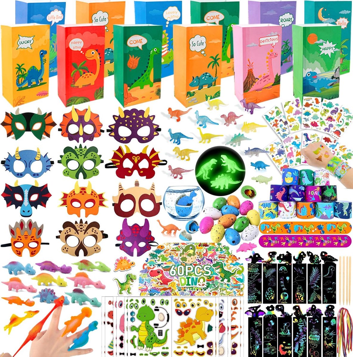 Feestartikelen, dinosaurus feestartikelen 12 stuks, 204 stuks dinosaurus goodie bags vullers voor kinderen verjaardag, dino-feestgunsten retourgeschenkzakje Pinata-vullers, schatkistspeelgoed