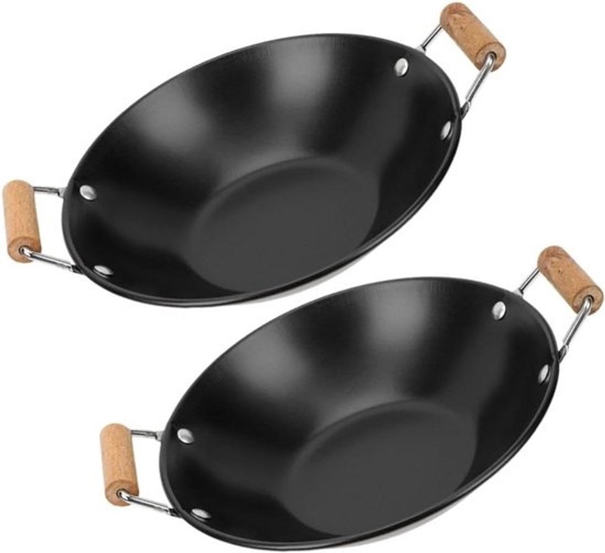 Metalen Wok - Huishoudpan Kookgerei - Dagelijks Koken - Houten Handvatten Duurzaam - 25x8cm - Zwart