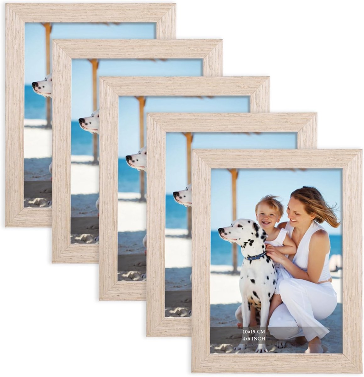 Fotolijst 10x15 eiken, MDF-houten lijst, set van 5 stuks 10x15 cm eiken fotolijst, met helder acrylglas Moderne fotolijst, ideaal voor foto's/afbeeldingen/kunstwerken, wissellijst