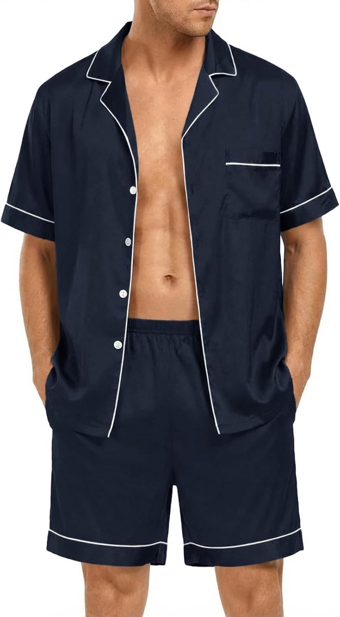 Pyjama heren kort satijn tweedelige pyjama set korte mouwen knoopsluiting overhemden en effen pyjamashort mannen zomer nachtkleding huispak