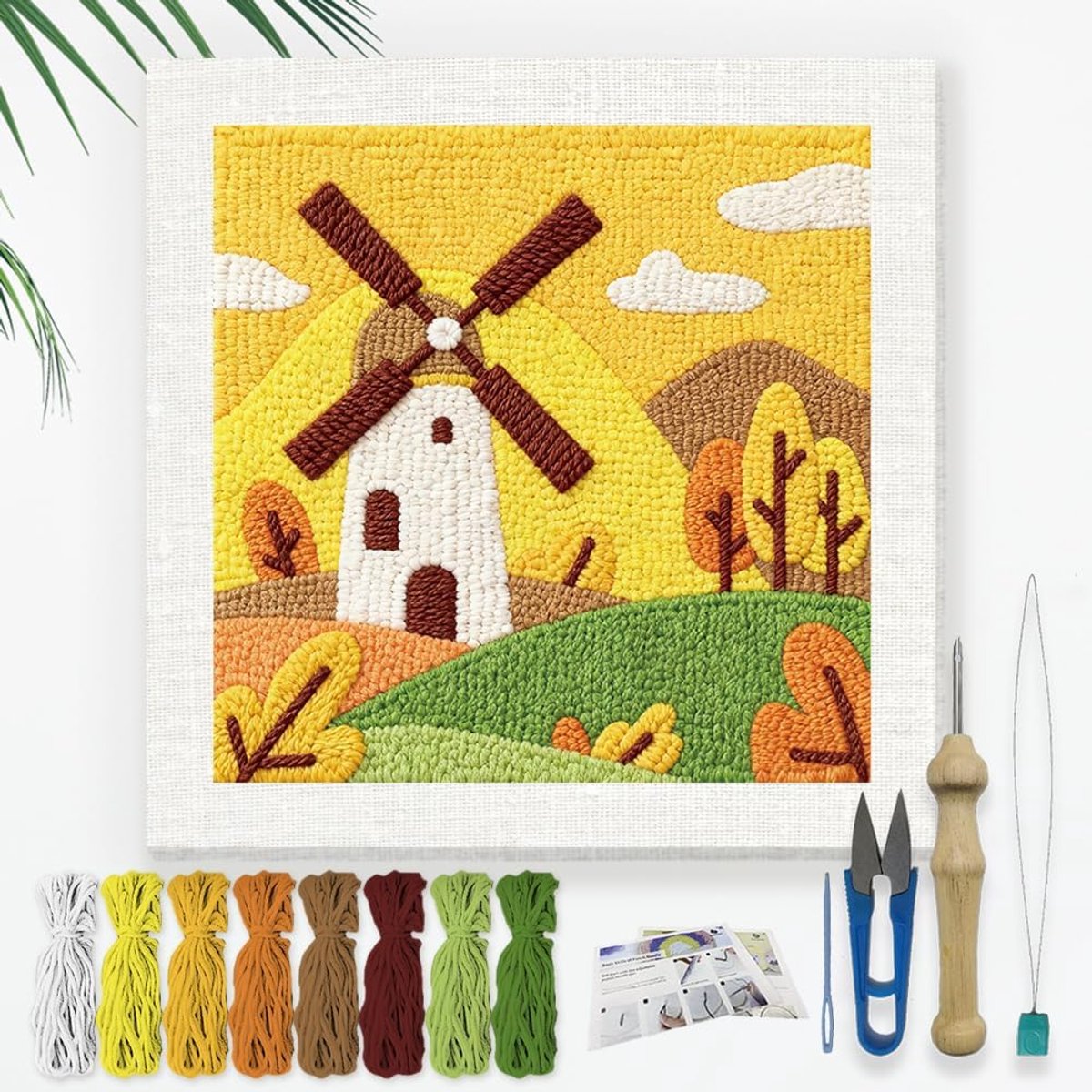Windmolen Landschappen DIY Punch Naald Borduurset voor Volwassen Beginner, 24 cm Herfst Landschap Punch Stitching Craft Set voor Starter met Frame, Stof Patroon, Threader, Garen, Punch Naald