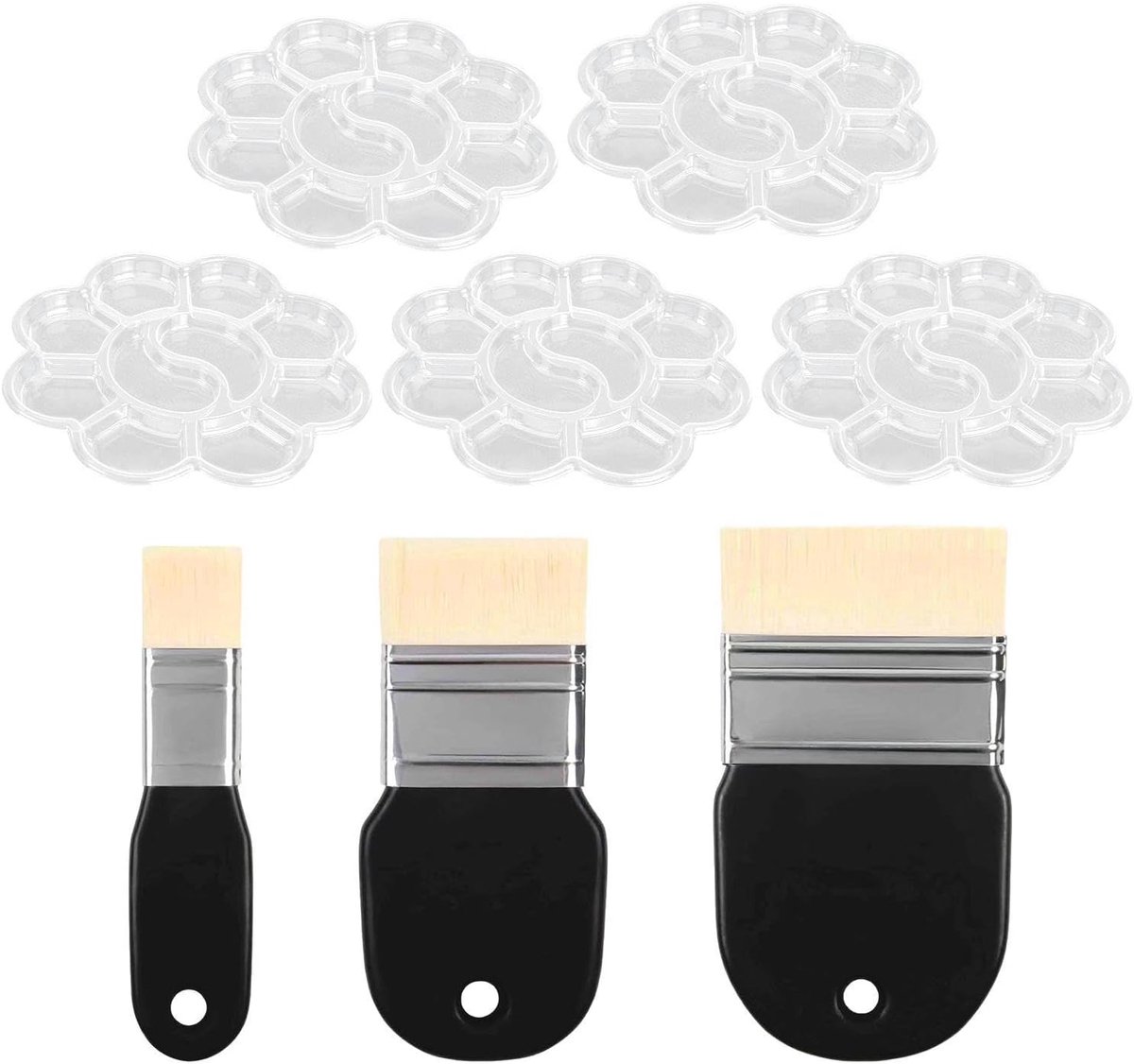 3Pcs Vlakke Hoofdborstels En 5Pcs Bloem-Vormige Kleurenpaletten, Breed En Vlak Borsteltype, Sterke Dekking, Acryl En Olieverfschilderij.