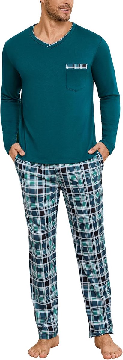 winterpyjama van katoen, tweedelige pyjama, pyjama met lange mouwen en geruite broek, S-4XL