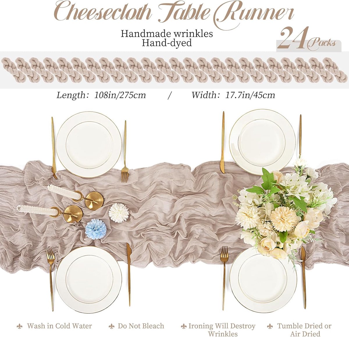 Set van 24 taupe kaasdoek tafelloper 45 x 275 cm, boho gaas kaasdoek tafelloper voor bruiloftsfeest baby bruidsdouche verjaardag decoraties (bruin/grijs gemengd met lichtroze en paars)