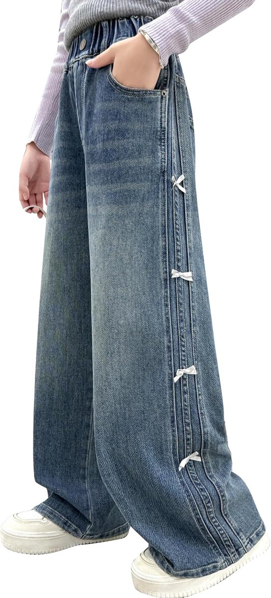 Jeans voor meisjes, hoge taille, brede pijpen, denim, losse bootcut, voor kinderen van 6-15 jaar
