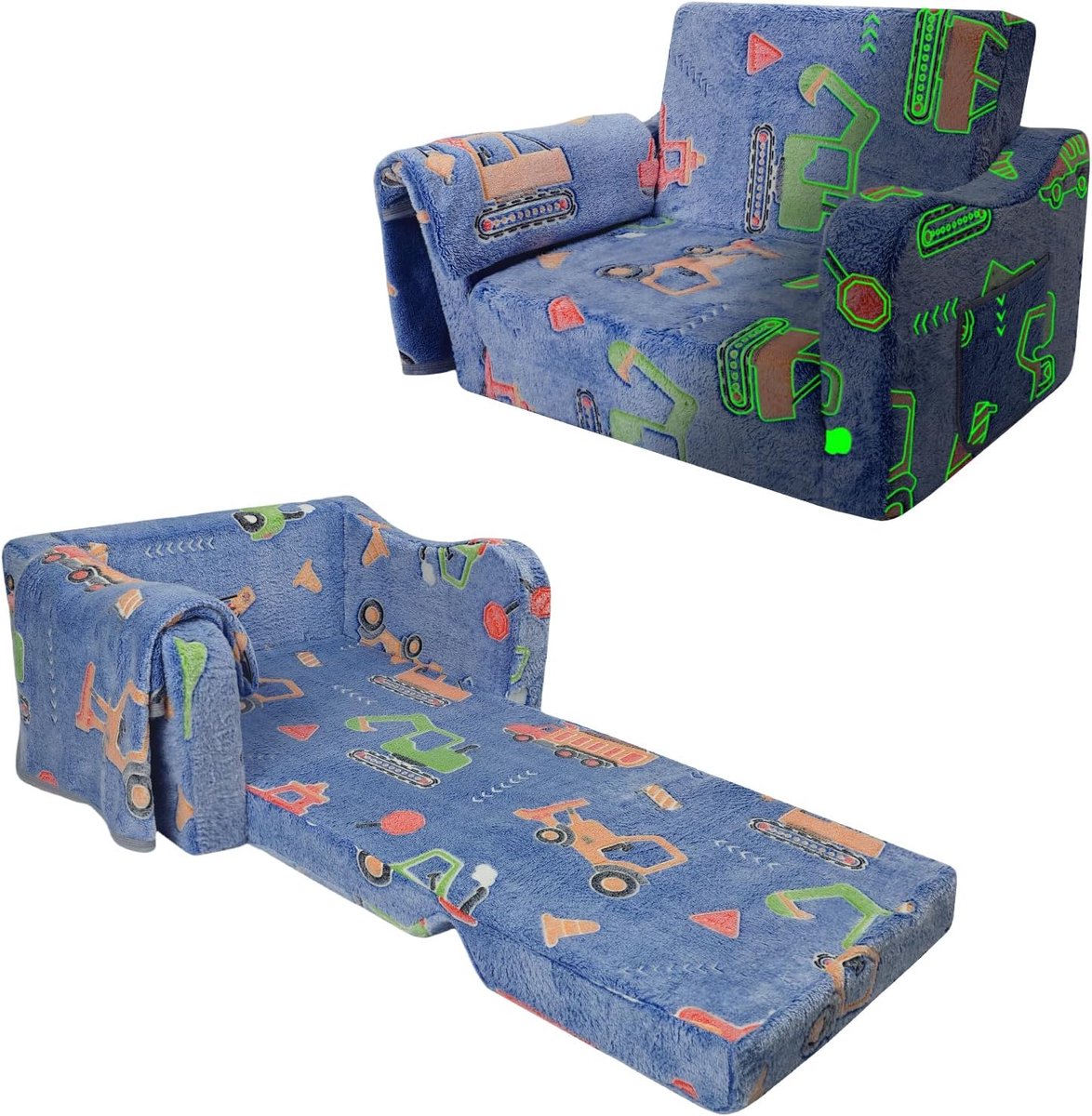 uitklapbaar, 2-in-1, slaapbank, oplichtend in het donker, voor jongens en meisjes, zachte kinderstoel met deken voor leeshoek, machines