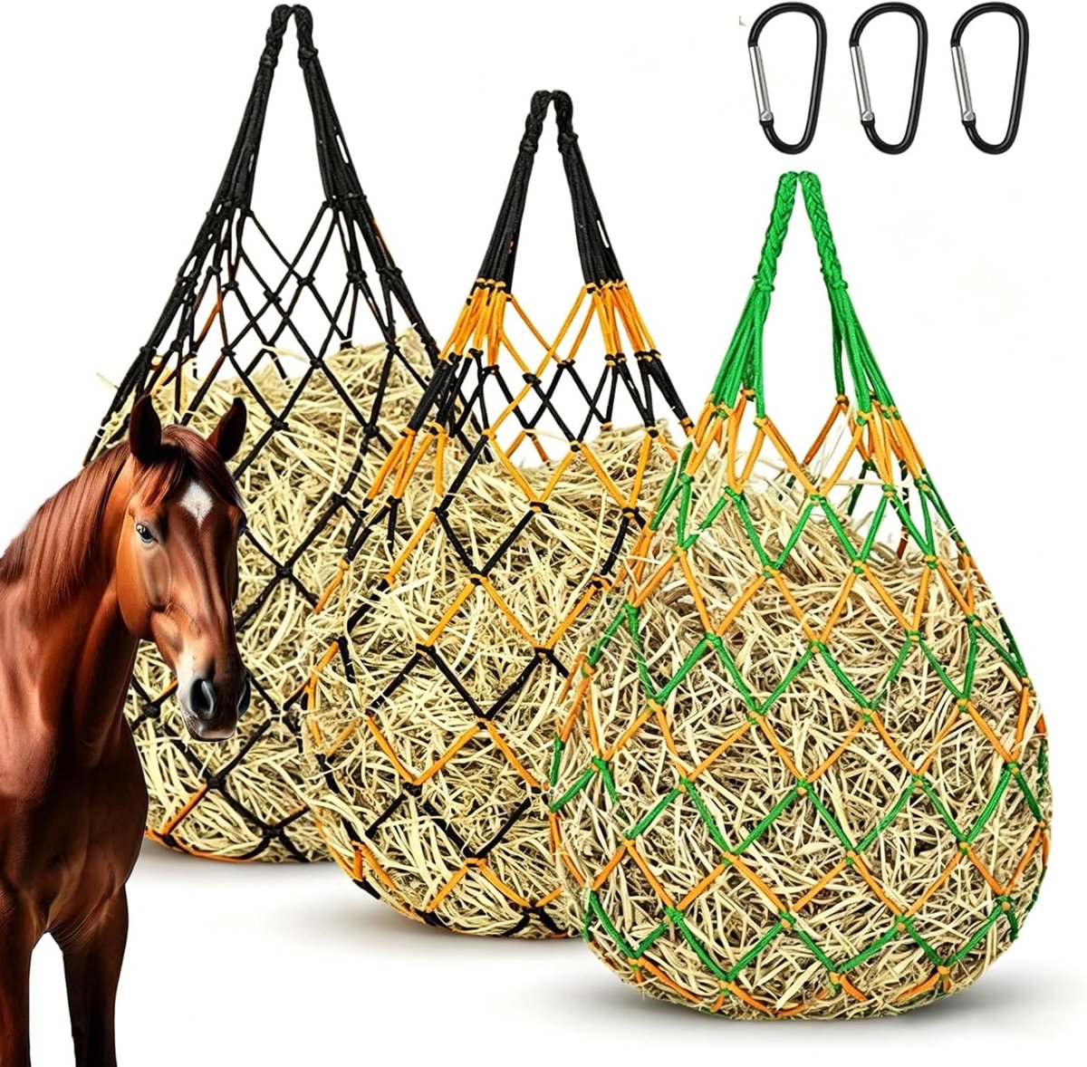 3 stuks hooinet voor paarden nauwe mazen: hooinet, fijnmazig 80 cm 6 × 6 cm hooizak voor paarden, duurzaam vlechtwerk, langzaam voeden voor stal