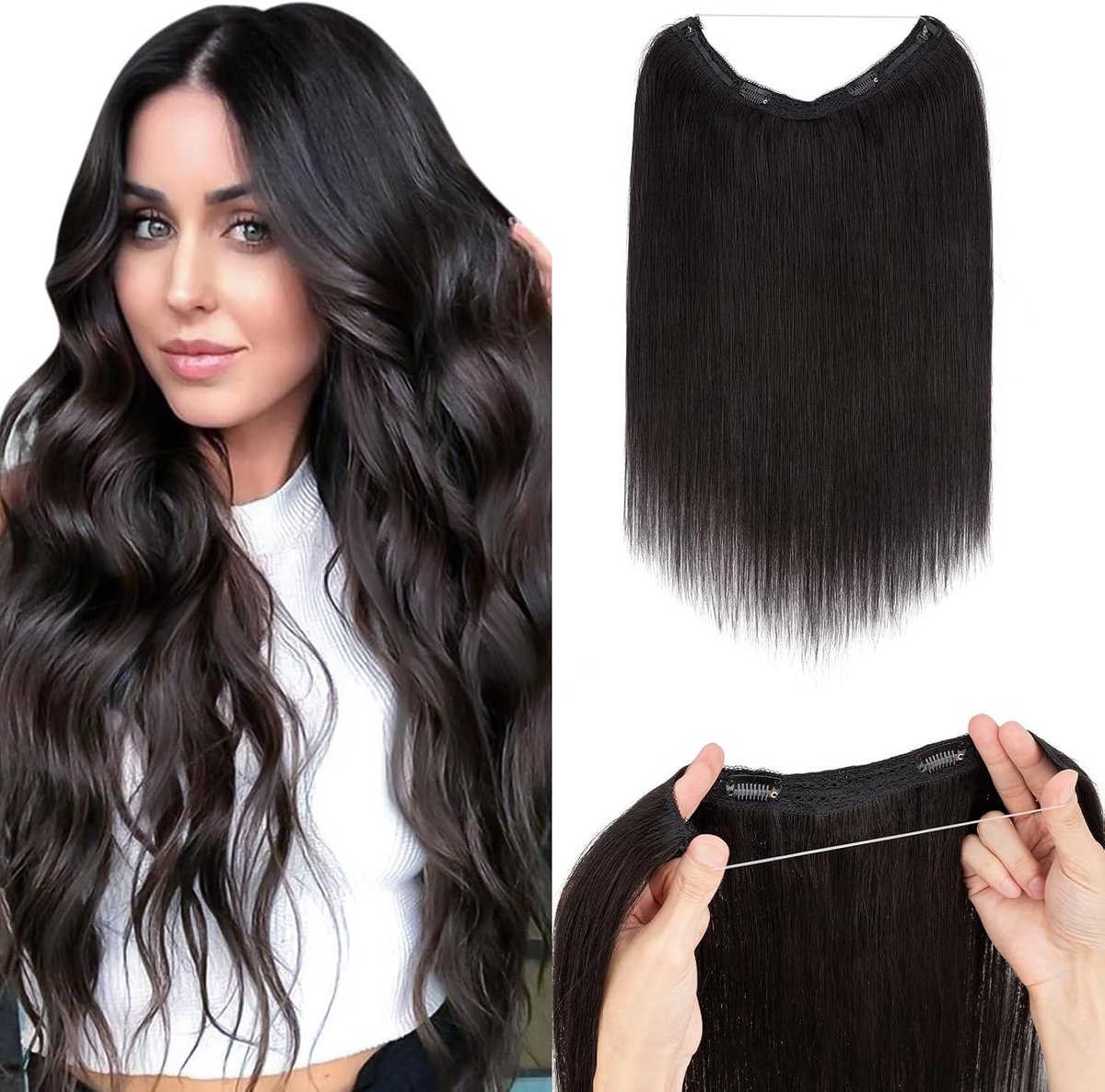 Haarextensies van echt haar met draad, clip-in extensies, 70 g, haarverlenging, haarstukje voor vrouwen, #1B, 50 cm, natuurzwart