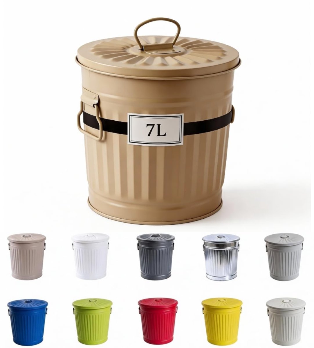Metalen Vuilnisbak met Handvaten en Deksel | Beige | Diameter Ø 21,5 cm - Hoogte 21,5 cm | Inhoud: 7 liter