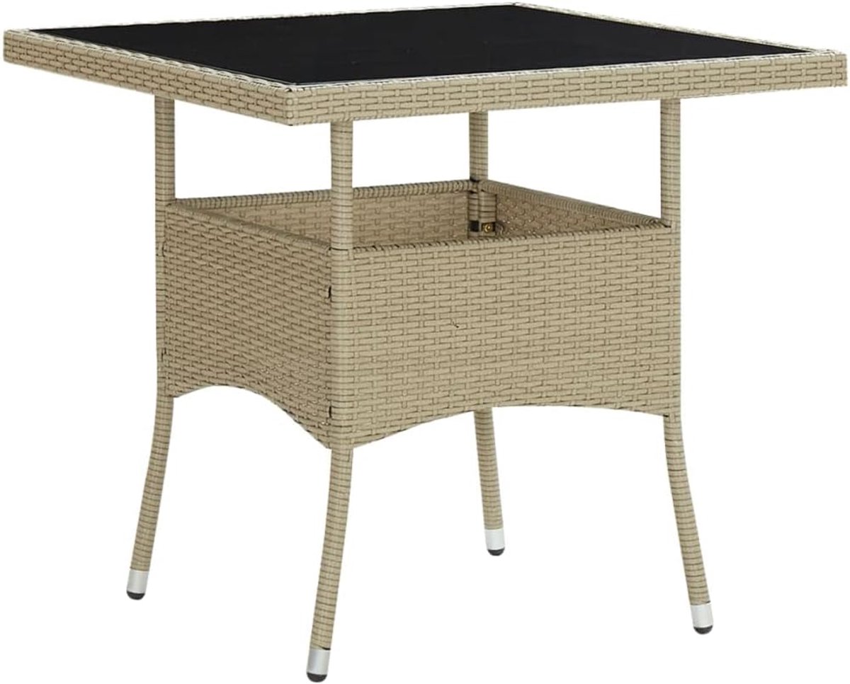 Beige, polyrotan en glas, tuin, terras, eettafel, campingtafel, feesttafel, geschikt voor balkons, terrassen, dekken