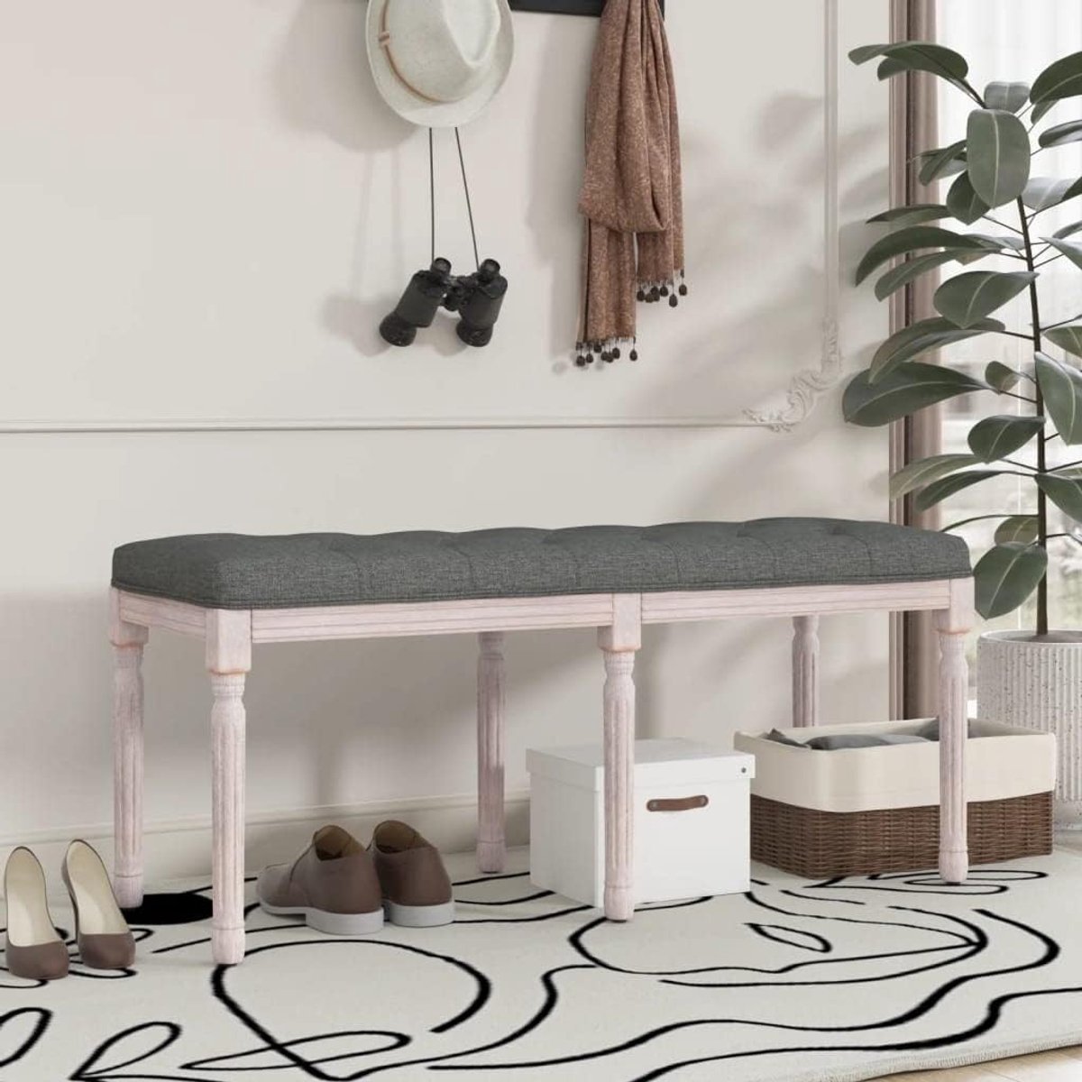 Zitbank, 110 x 40 x 49 cm, met stoffen bekleding en houten poten voor hal en entree, stabiele zitgelegenheid of legplank
