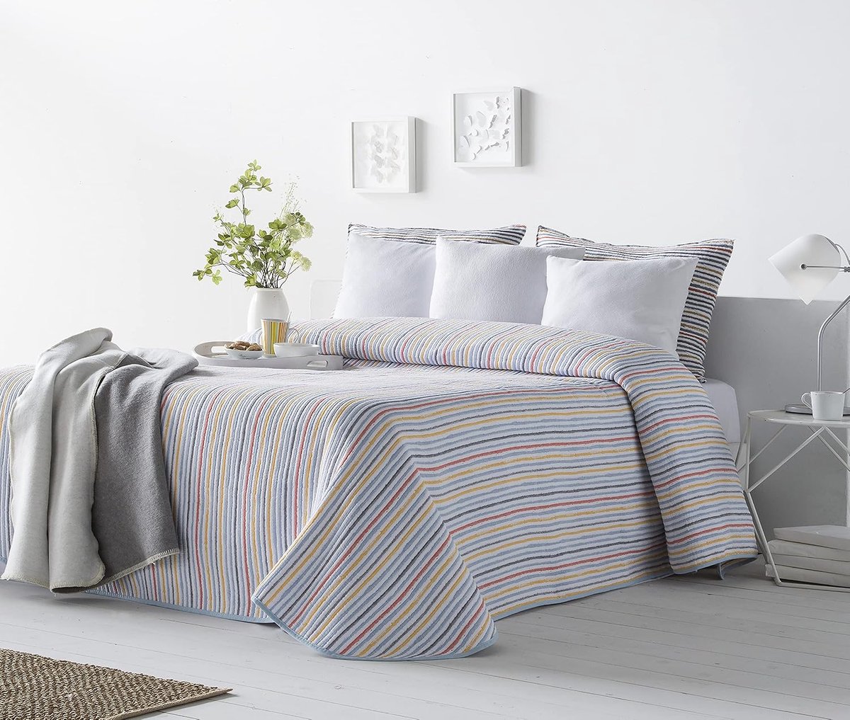 Lichte sprei Sofia 14 met strepenpatroon voor eenpersoonsbed 90 cm | Sprei Jaquard 90 cm | blauwe sprei 180 x 270 cm