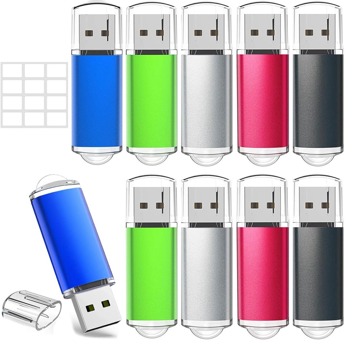 USB-sticks 4 GB, 10 stuks, USB 2.0, 4 GB, met handige tags voor opslag en back-up van gegevens (rood, groen, zwart, blauw en zilver)