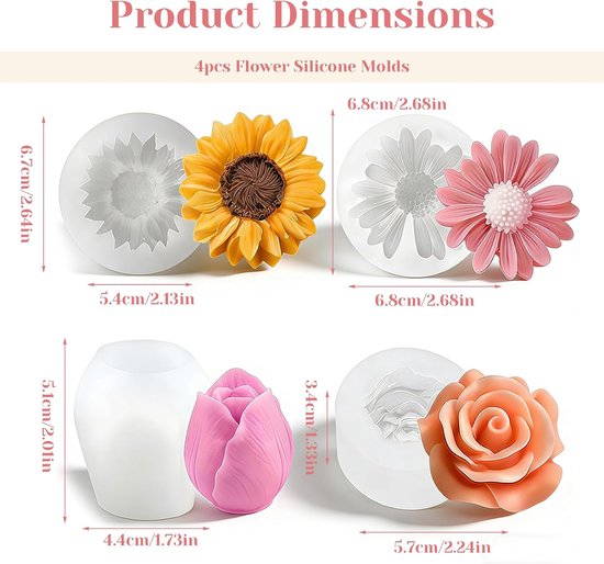 Mallen bloemen – 3D gietvormen voor rozen, zonnebloemen, anjers & tulpen, flexibele siliconen kaarsvormen voor DIY kaarsen, zeep, chocolade en hars — afbeelding 2