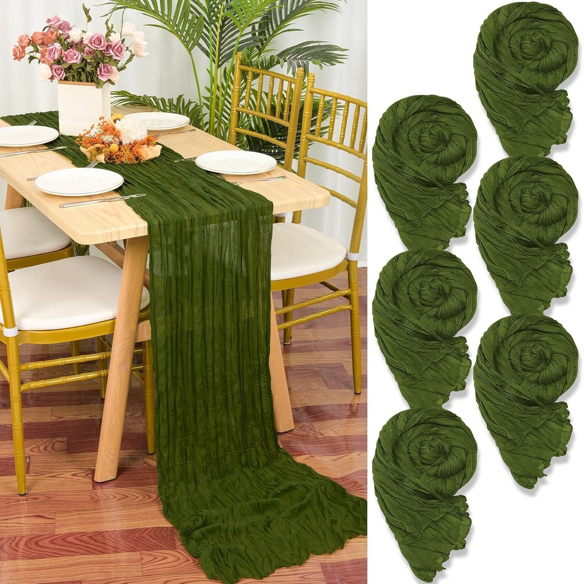 Tafellopers van kaasdoek van groen olijfhout, 90 x 300 cm, rustieke gaasstof, olijf, tafeldecoratie, tafelkleed voor feest, bruidsfeest, tafeldecoratie