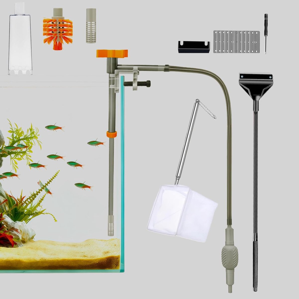 Waterwisselaar Kit Fish Tank Sifon Stofzuiger met 1,1 m lange slang en uitschuifbare slang Handmatig Aquarium Grind Cleaner Gereedschap voor Water Veranderende Zand Wassen en Onderhoud