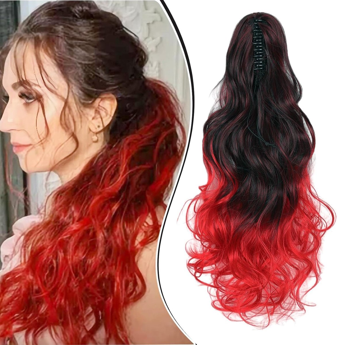 45cm Paardenstaart Haarstuk Vlecht Verlenging Klauw Golvende Lange Paardenstaart Extensies Haarverlenging Synthetische Clip in Ponytail Haarextensies, Zwart Ombre Rood